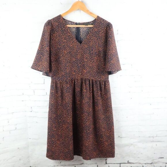 ANN TAYLOR FACTORY BLUE & ORANGE PRINT BUTTERFLY SLEEVE V NECK DRESS SIZE 4 - Picture 1 of 8